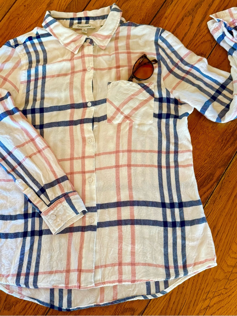 Plaid Button-Front Woman’s Shirt -  White & Pink & Navy Stripe. - Picture 9 of 9